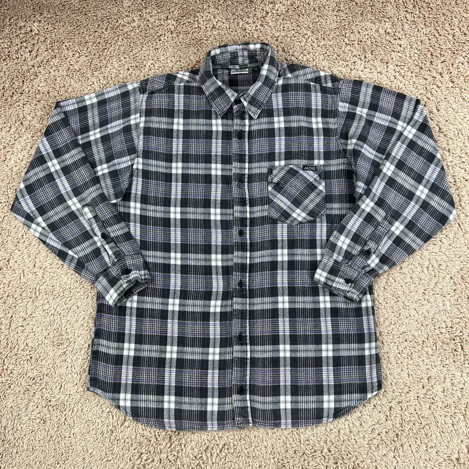 JACKS SURFBOARDS Black Purple Gray Plaid Flannel Button Up Shirt Mens XL Pocket - Image 1 of 4