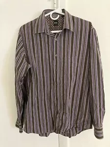 Hugo Boss Men's Large Shirt Button-Up Shirt Long Sleeve Striped Purple Brown - Picture 1 of 11