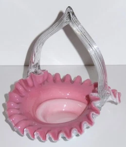 Victorian Glass Basket Pink Cased White w Ruffle Edge & Clear Handle - Picture 1 of 4