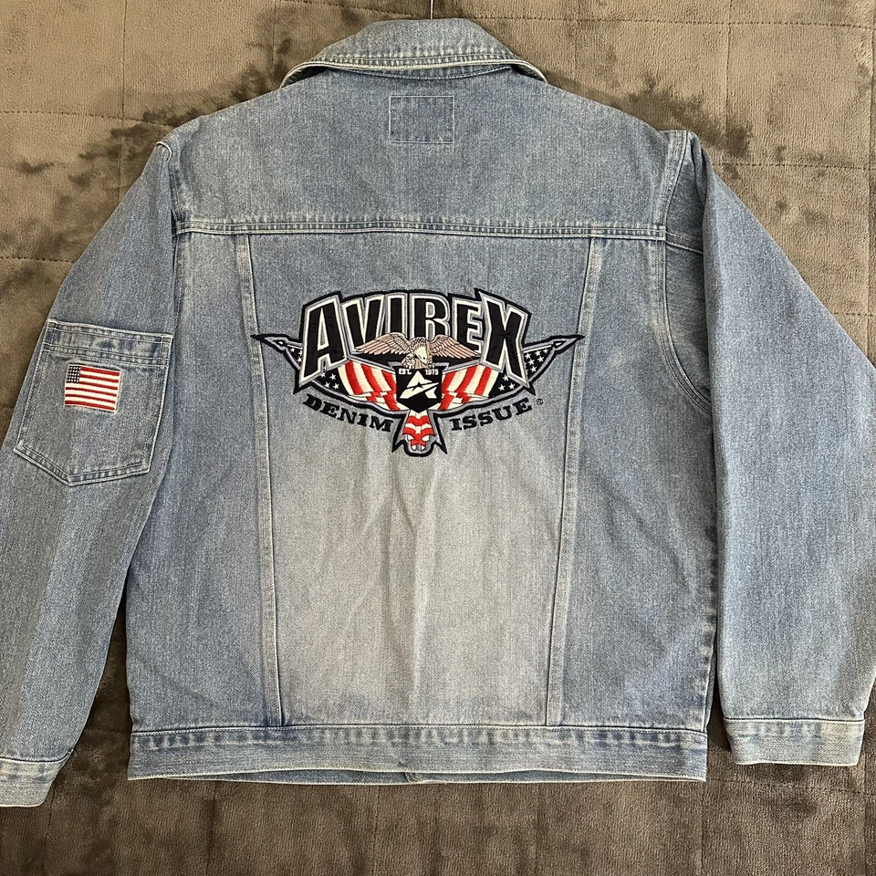 Chaqueta vaquera Avirex EE. UU. parche bordado abotonada talla juvenil XL Y2K Eagle Foto 1 de 4