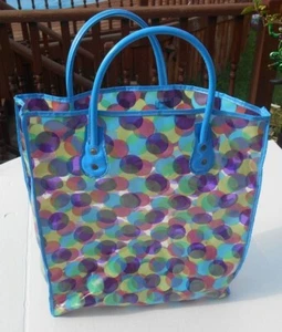 Vintage 60's Vinyl Tote Shopping Bag Hippy Boho Clear Multicolored Polka Dots - Picture 1 of 4