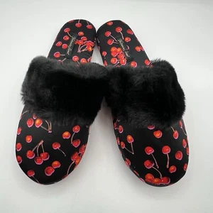 Victoria Secrets Red Cherry Black Faux Fur Trim Slippers NWT SIZE 7-8 Medium - Picture 1 of 8