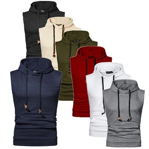 Mens Hooded Tank Tops Gym Sport Sleeveless T-Shirts Muscle Vest Top with Pocket - Picture 1 of 29