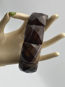 Vintage Bracelet Striped Onyx Natural Stones Wide Chunky Elastic Brown 111.67g - Picture 1 of 6