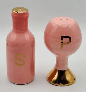 Pink Wine Bottle Glass Ceramic Shaker Set Salt Pepper Decor Spring Mothers Day - Picture 1 of 5