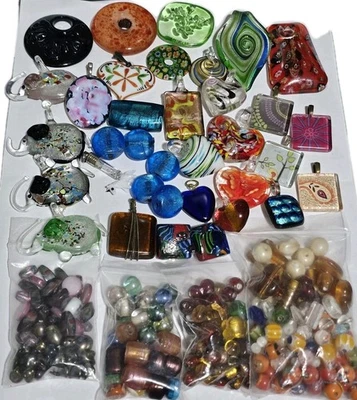 34 Glass Pendents Many Shapes + 100's Multicolor Beads Crafts Dream Lot - Image 1 of 4