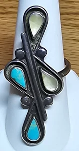 STERLING SILVER*TURQUOISE*MOP*NATIVE AMERICAN*SIZE 8.25*SIGNED DS*VINTAGE* - Foto 1 di 7