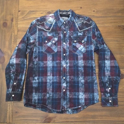 Affliction Black Premium Long Sleeve Snap Shirt Plaid Embroidered Mens Large  - image 1 of 4