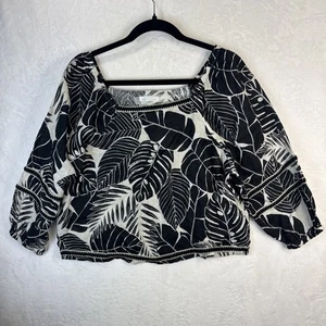 Camisa Recortada Europea Lino Lino Mujer M Negra Blanca Hoja de Palma Cuadrada Boho - Imagen 1 de 13