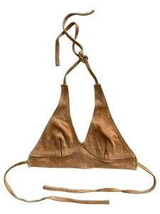 Suede Brown Crop Halter Top Shirt Bra Tie Closure Medium Western Boho Festival - Picture 1 of 4