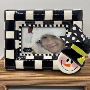 MudPie Ceramic Black And White Checkered Picture Frame Christmas Snowman 2012 - Picture 1 of 5