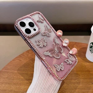 For iPhone13 14 15 16 Pro Max Diamond 3D Glitter Butterfly Shockproof Bling Case - Picture 1 of 14