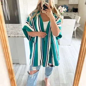 Free People One Size Poncho Striped Hooded Open Knit Kimono Pockets Green White - Picture 1 of 16