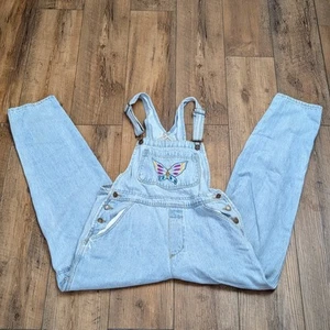 Vintage Womens butterfly embroidered denim overalls Size M 90s Cute Lightwash - Picture 1 of 10