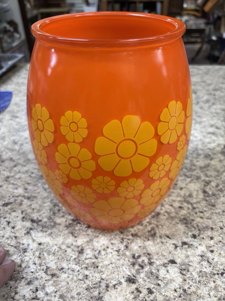 Vintage Midcentury Bartlett Collins Glass Cookie Jar Orange with Yellow Daisies - Image 1 of 4