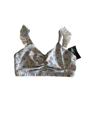 Nuevo con etiquetas Bralette Onzie Talla Mediana, Azul Floral, Volantes, Forrado, Top de Natación Foto 1 de 4