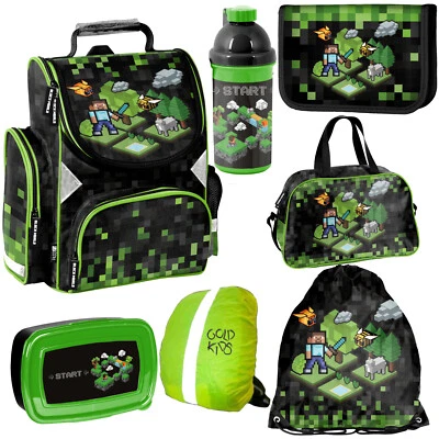 MARKENLOS 7er Set Schulranzen GAME Pixels Minecraft Motiv Ranzen Federmappe Turnbeutel