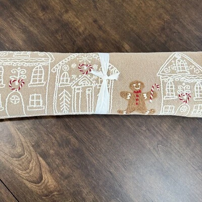 POTTERY BARN GINGERBREAD VILLAGE EMBROIDERED TABLE RUNNER 18 X 108" FLAX/ MULTI - Image 1 of 4