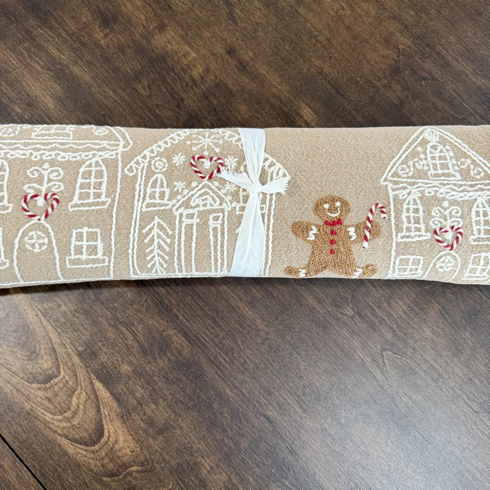 POTTERY BARN GINGERBREAD VILLAGE EMBROIDERED TABLE RUNNER 18 X 108" FLAX/ MULTI - Image 1 of 4