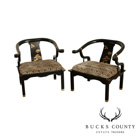 Black Lacquer Chinoiserie Decorated Pair Horseshoe Armchairs Cover