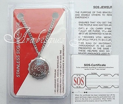 SOS NECKLACE PENDANT 30" MEDICAL EMERGENCY/ALERT/STAINLESS STEEL TALISMAN SILVER