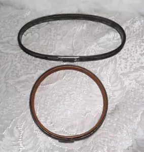 TWO SMALL VINTAGE EMBROIDERY HOOPS CIRCLE & OVAL W/SPRINGS METAL & WOOD / CORK - Picture 1 of 21