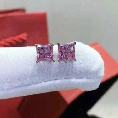 2Ct Princess Cut Lab-Created Pink Sapphire Stud Earring 14K White Gold Plated - Image 1 of 4