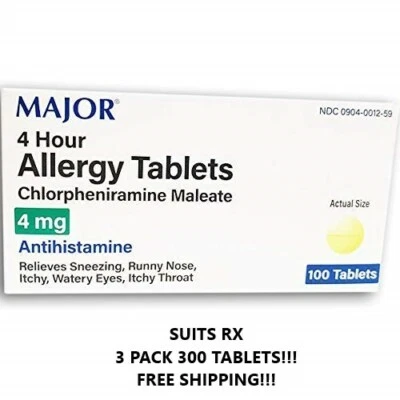 Chlorpheniramine Maleate 4mg ( Chlor-Trimeton ) 100 Tabs( 3pack=300tabs) - Image 1 of 3