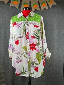 Fig & Flower Anthropologie grüne Tupfen & mehrfarbige Blumendruck Bluse 1X - Bild 1 von 9