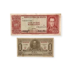 2 banknotes BOLIVIA 100 Pesos 1962 mSPL / 1 Boliviano 1928 qSPL - Picture 1 of 5