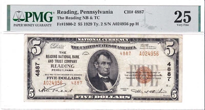 $5 1929 T2 National READING Pennsylvania PA 🇺🇸 PMG 25 Very Fine! 🇺🇸 - Image 1 of 2