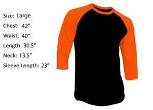 3/4 Sleeve Plain T-Shirt Baseball Raglan Jersey Sports Men's Black Orange Large - Picture 1 of 2