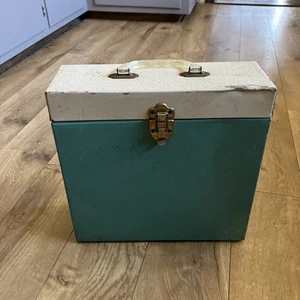 Vintage Vinyl Record Storage Carrying Case Holds 20 Albums Metal Blue White LP - Picture 1 of 6
