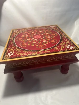 12" Wooden Chowki, Indian Chowki for Pooja Use, Home Decorative Stool Bajot Red - Image 1 of 4