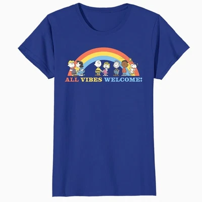 Peanuts Gang Snoopy Happy Vibes Welcome Friends Vintage Official Women's T-Shirt - Image 1 of 4