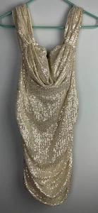 Pretty Little Thing Cream Sequin Bardot Bodycon Dress US Size 12 NWT - Picture 1 of 11