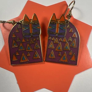 Rare Laurel Burch Vintage Wild Cat Dangle Earrings enamel (TS) - Picture 1 of 7