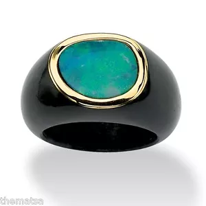 10K GOLD BLUE OPAL AND BLACK JADE RING SIZE 6,7,8,9,10 - Picture 1 of 3
