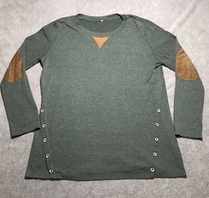 Camisa de mujer talla grande verde manga larga con parches de gamuza en el codo - Imagen 1 de 10