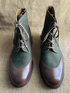 Grenson Mens Brown Leather & Green Canvas Boots Size UK 8.5 G || US 9.5 - Picture 1 of 11