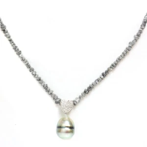 Grey Diamond Rough Beads with Heart Tahitian Pearl Necklace 14kt 18" - Picture 1 of 2