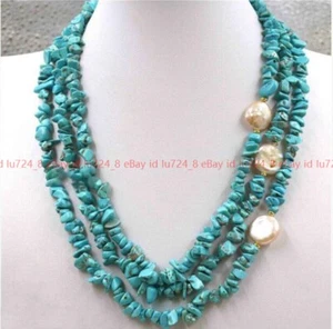3 Rows Natural Blue Turquoise Gems Pink Baroque Pearls Cluster Necklace 18-20" - Picture 1 of 12