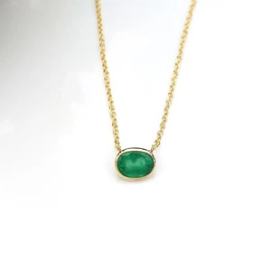 Natural 0.54 Ct Oval Emerald Bezel Necklace 14K Yellow Gold Minimalist Jewelry - Picture 1 of 6