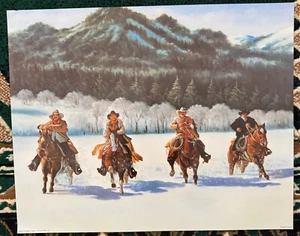Quattro Cavalieri Cowboys Cavalcando sulla Neve Litografia 20x16 Western - Foto 1 di 2