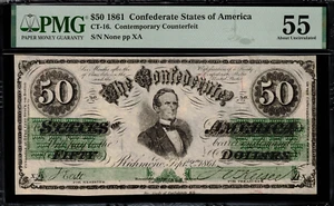 CT-16 $50 1861 Confederate Currency CSA Civil War - Counterfeit - Graded PMG 55 - Picture 1 of 2