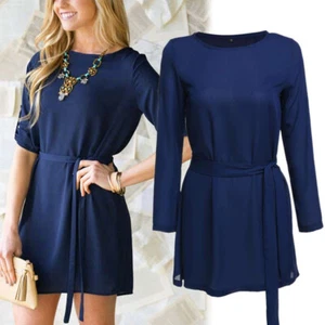 US Women Round Neck 3/4 Sleeve Tie Waist Business Casual Work Mini Shirt Dresses - Picture 1 of 7