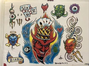 Radical Ron Vintage Tattoo Wall Flash Art Sheet 96 Skull Traditional Diablo - Picture 1 of 1