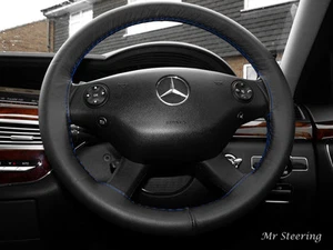 FOR MERCEDES-BENZ VIANO BLACK LEATHER STEERING WHEEL COVER 2003-2014 BLUE STITCH - Picture 1 of 4