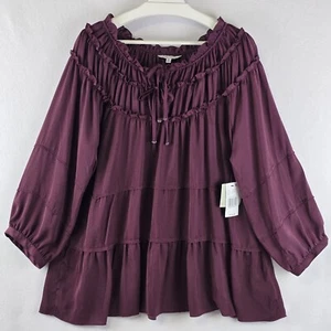 $119 John Mark Plus 1X Peasant Tiered Tie Front Tunic Blouse Cassis Eggplant NEW - Picture 1 of 23