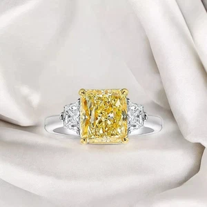 Radiant Cut 2.50CT 14k Gold Lab Grown Fancy Vivid Yellow Diamond Wedding Ring - Picture 1 of 13
